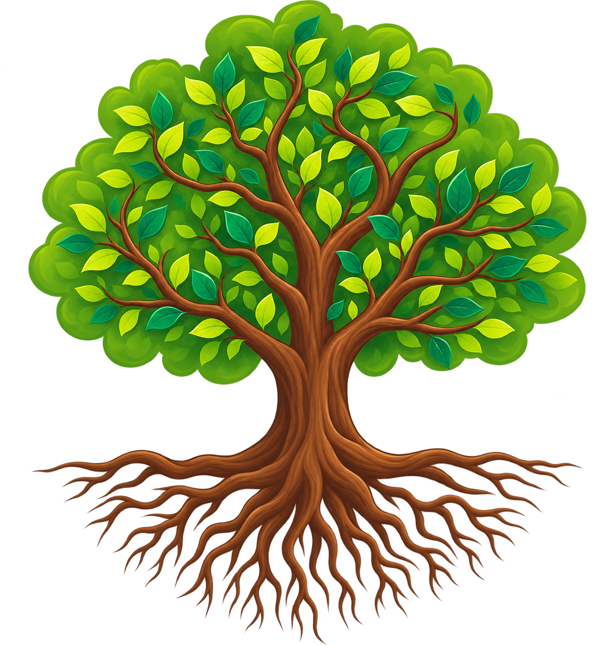 Illustration of a tree: visible struggles in the branches, underlying root causes below ground